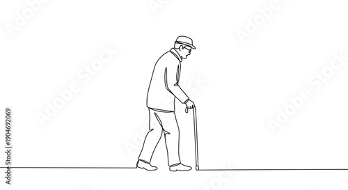 Line drawing of an elderly man walking with a cane on a transparent background showcasing movement and age with simple lines and minimal detail