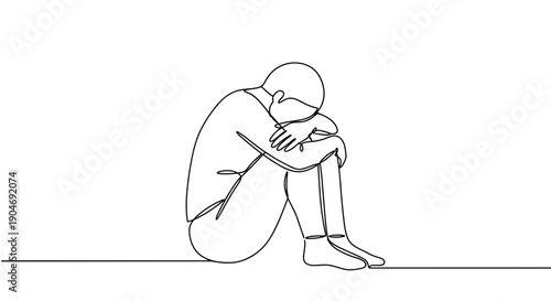 Line drawing of a person sitting with head down in a thoughtful pose on a transparent background
