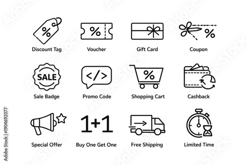 Discount tag, voucher, gift card, coupon, shopping icons set