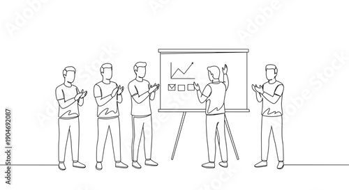 Line drawing of men in a business meeting applauding a presentation on a chart displayed on a board with a transparent background