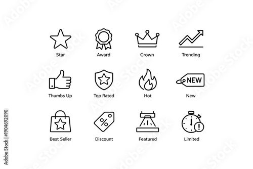 Set of minimalist black line icons illustrating awards, ratings, and promotions