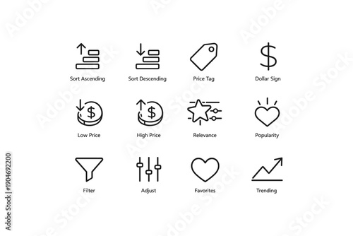 Set of icons: sort, price, dollar, relevance, popularity, filter, adjust, favorites, trending