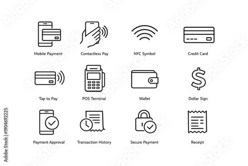 Mobile payment icons: nfc, credit card, wallet, dollar sign, secure payment