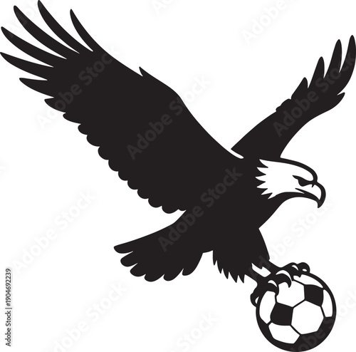 Silhouette of an eagle soaring with a soccer ball in its talons, powerful imagery, solid black, pure white background.