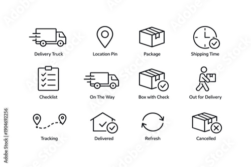 Logistics and delivery icons: truck, package, location, time, tracking, checklist