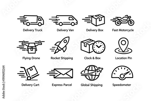 Set of black and white linear shipping and delivery icons