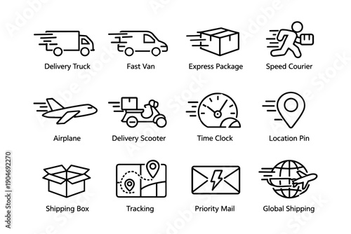 Delivery icons: truck, van, package, airplane, scooter, clock, location, box, tracking, mail, shipping