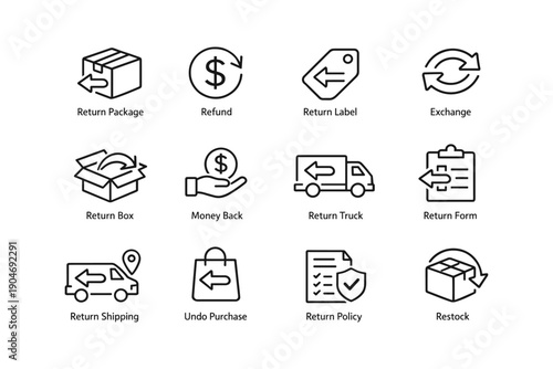 Return and exchange icons set with shipping and refund symbols