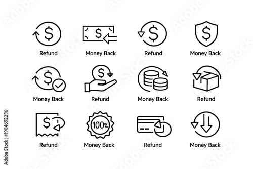 Refund and money back icons with arrows, coins, and shields