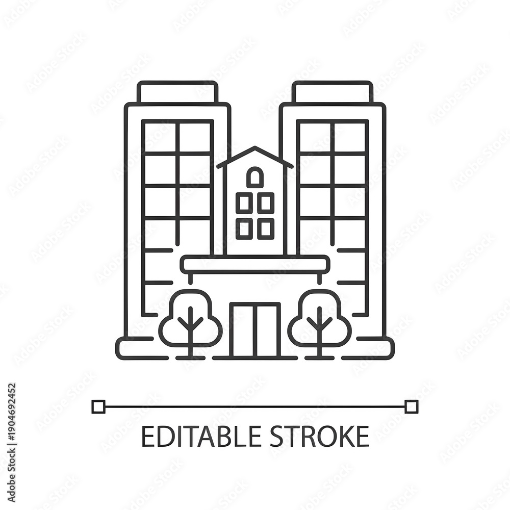 Obraz premium Condominium pixel perfect linear icon. Tall building. High house. Skyscraper complex. Thin line customizable illustration. Contour symbol. Vector isolated outline drawing. Editable stroke