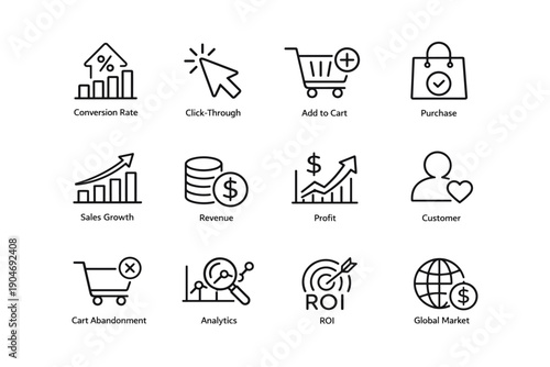 E-commerce and analytics icons: sales, roi, revenue, global market