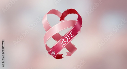 Intertwined pink ribbons forming heart shape with 'love' text on soft blurred background