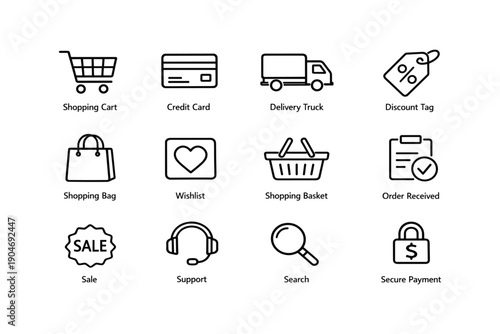 E-commerce icons: shopping cart, credit card, delivery truck, discount tag, wishlist