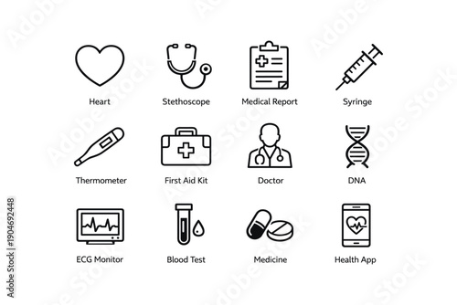 Medical icons: heart, stethoscope, medical report, syringe, thermometer, first aid kit