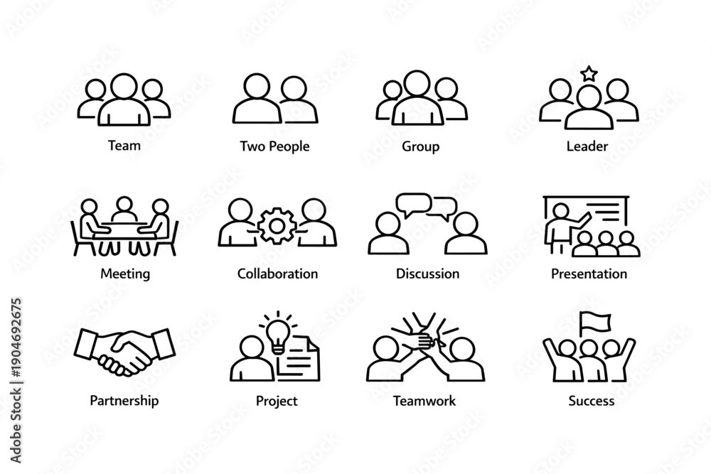 Fototapeta premium Business symbol icon set: team, collaboration, leadership, success, and more