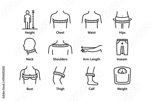 Measurement icons for height, chest, waist, hips, neck, shoulders, arms, inseam, bust, thigh, calf, weight