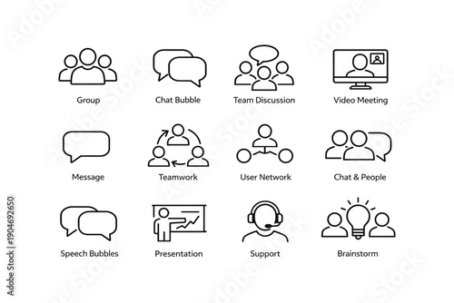 Icon set of group communication and teamwork concepts