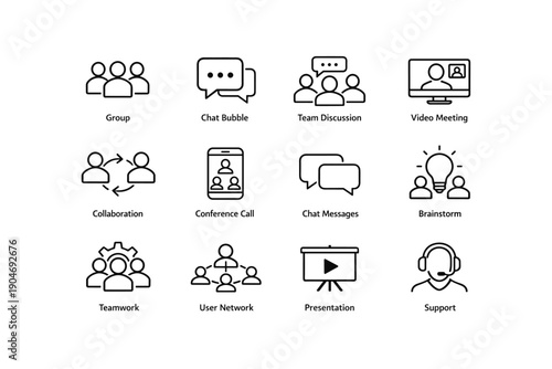 Communication icons for teamwork and collaboration in virtual meetings