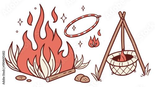 Hand drawn illustration of a burning campfire with a cooking pot on a tripod