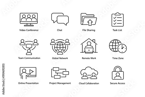Icons depicting remote work tools for communication and collaboration