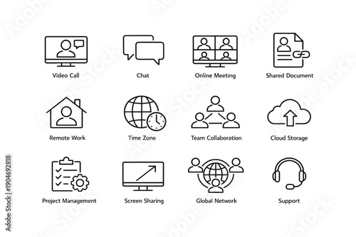 Essential online communication and collaboration icons for remote work and meetings