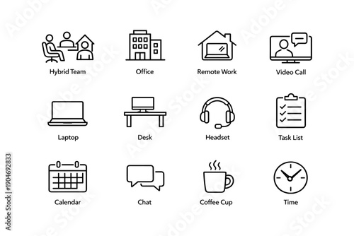 Icons representing hybrid work environment with office, remote, and communication elements