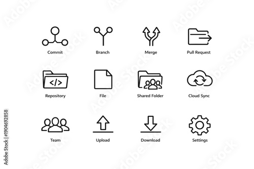 Icons of git workflow: commit, branch, merge, pull request, repository, file, folder, cloud, team, upload, download, settings