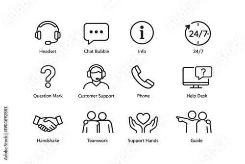 Customer support icons: headset, chat bubble, info, 24/7 service, help desk