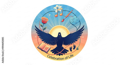 Vibrant celebration of life emblem with dove and sun