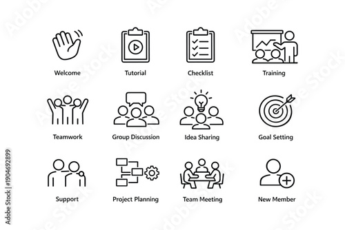 Business workflow icons set representing training, teamwork, and project planning