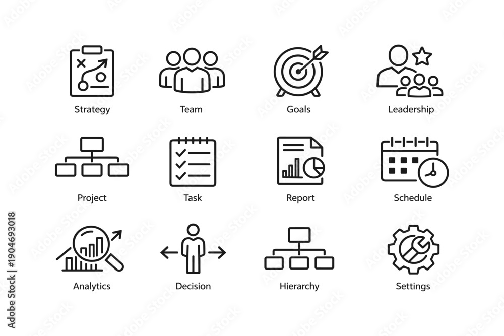 Fototapeta premium Business strategy icon set: team, goals, leadership, project, task, report, schedule, analytics