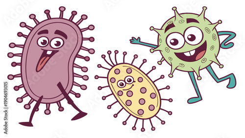 Three funny cartoon microbes with happy faces and legs jumping and walking on white background