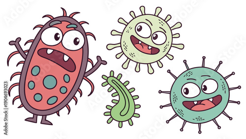Four diverse colorful cartoon microbes with expressive faces and various protein spikes are isolated against a plain white background.