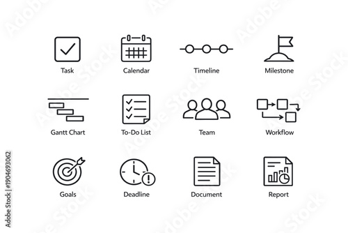 Task management icons: calendar, timeline, milestone, gantt chart, workflow