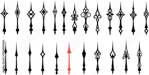 Ornamental Clock Hands Vector Icon Set with Vintage Decorative Time Pointer Designs for Wall Clocks, Watches, Antique Graphics, and UI Projects
