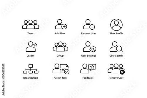 User interface icons: team, add user, remove user, profile, leader, group, settings