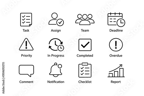 Task management icons: checklist, team, deadline, comments, report