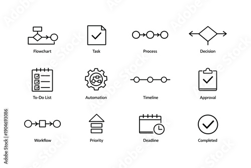 Set of business workflow icons featuring tasks, process, and automation symbols