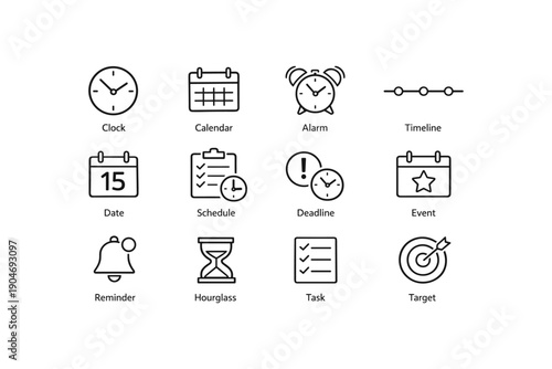 Time management icons: clock, calendar, alarm, timeline, task, target, hourglass, schedule, reminder, deadline