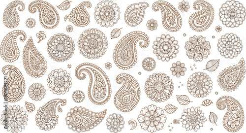 Ornamental Paisley Floral Vector Illustration Set with Intricate Henna Style Elements for Textile Prints, Wedding Designs, Decorative Patterns, and Creative Art Projects