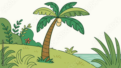 Tropical beach landscape illustration with a single coconut palm tree in pixel art style