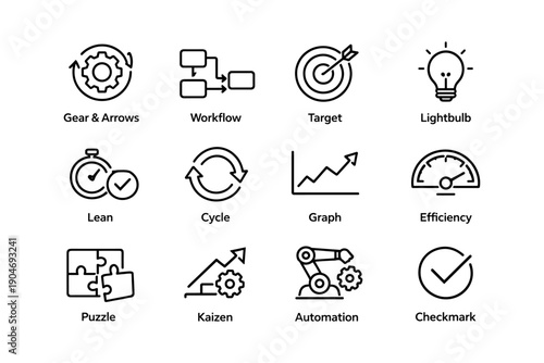Icons of business efficiency: gear, workflow, target, lightbulb, automation