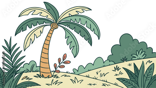 A cartoon illustration of a tropical landscape with a palm tree and lush greenery on sand