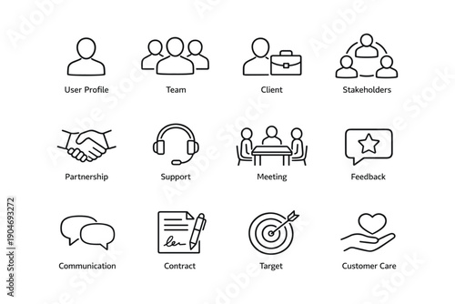 Business icons set: user profile, team, support, meeting, customer care, communication
