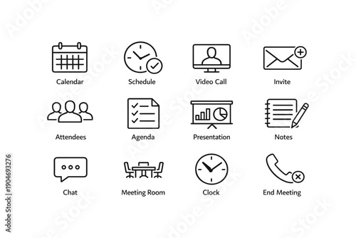 Meeting icons set: calendar, schedule, video call, agenda, chat, more