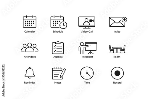 Office icons set for meetings and scheduling: calendar, video call, agenda, presenter