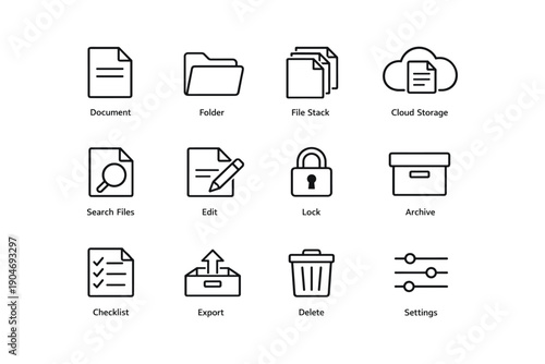 Set of simple line style office and document icons
