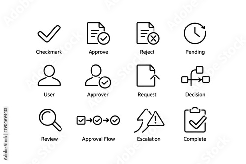 Set of workflow and approval process icons for business management systems