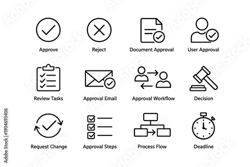 Approval process icons including workflow, email, decision, and deadline graphics