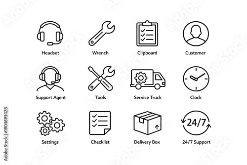 Technical support icons: headset, wrench, clipboard, customer service, 24/7 support